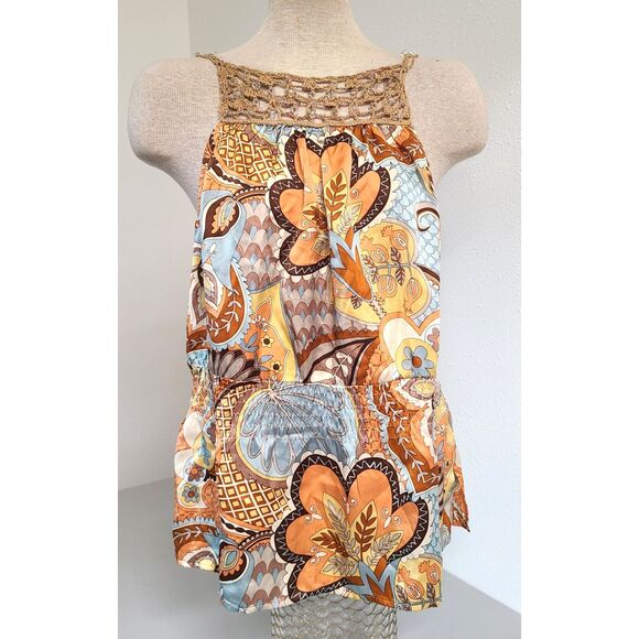 cache Tops - Vtg Cache 100% Silk Beaded Crochet Boho 70s Tank Top MEDIUM Hippie Festival M